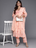 Thumbnail for Varanga Women Peach Thread And Sequins Embroidered Kurta With Tonal Bottom And Dupatta - Distacart