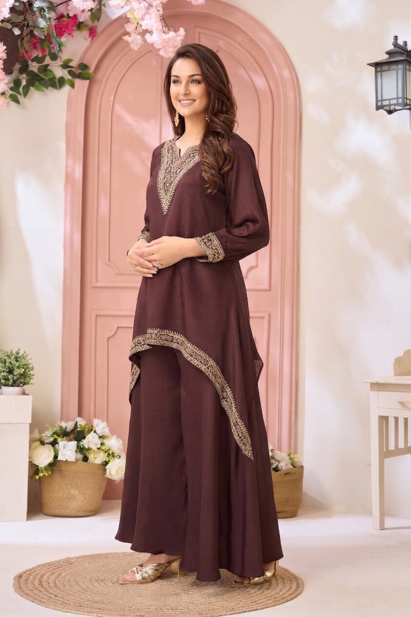 Anaita Coffee Readymade Suit with Coding Work - Dista