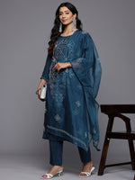 Thumbnail for Varanga Women Navy Blue Hand Embroidered Straight Kurta With Trousers And Embroidered Dupatta - Distacart