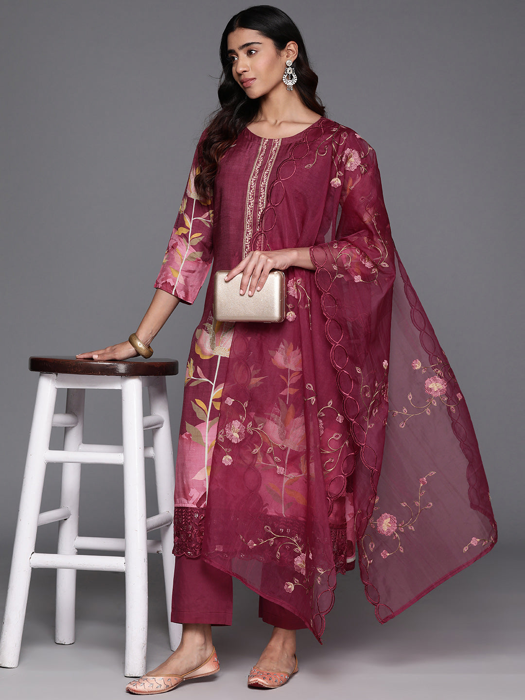 Varanga Women Pure Muslin Maroon Floral Printed Kurta Paired With Tonal Bottom And Organza Dupatta - Distacart