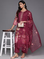 Thumbnail for Varanga Women Pure Muslin Maroon Floral Printed Kurta Paired With Tonal Bottom And Organza Dupatta - Distacart