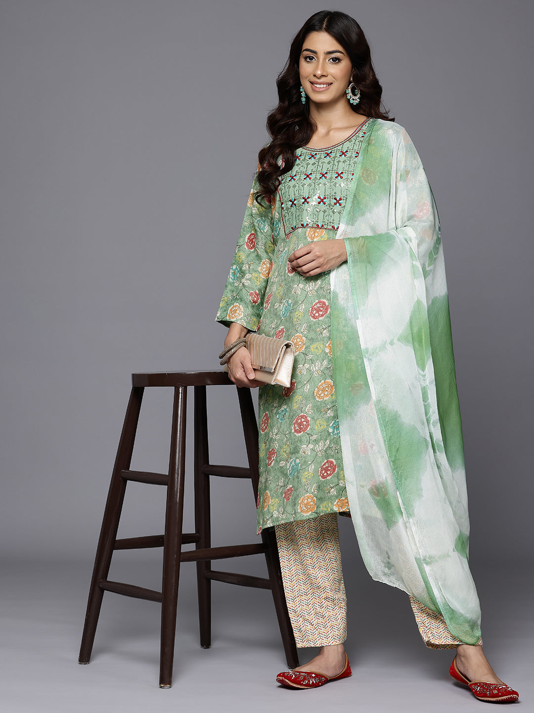 Varanga Women Mint Green Round Neck Embroidered Yoke Printed Kurta Paired With Printed Bottom & Tie-Dye Dupatta - Distacart