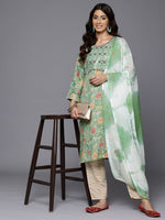 Thumbnail for Varanga Women Mint Green Round Neck Embroidered Yoke Printed Kurta Paired With Printed Bottom & Tie-Dye Dupatta - Distacart