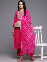 Thumbnail for Varanga Women Pink Bandhani Zari And Sequins Embroidered Kurta Set With Dupatta