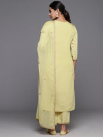 Thumbnail for Varanga Women Beige Embroidered Straight Kurta Paired With Tonal Embroidered Bottom And Embroidered Dupatta - Distacart