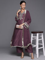 Thumbnail for Varanga Mauve V-Neck Yoke Embroidered Straight Kurta With Fringes Hem Paired With Tonal Bottom And Tonal Dupatta With Fringes