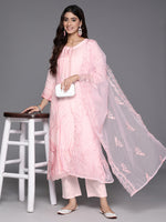 Thumbnail for Varanga Women Pink Abstract Straight Kurta Paired With Tonal Bottom And Organza Embroidered Dupatta - Distacart
