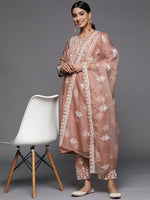 Thumbnail for Varanga Women Mauve Embroidered Kurta Paired With Tonal Trouser And Dupatta