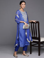 Thumbnail for Varanga Blue Bandhani Printed, Gota Pati Embroidered Yoke Straight Kurta Paired With Tonal Bottom And Dupatta - Distacart