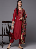 Thumbnail for Varanga Thread Embroidered Kurta Paired With Straight Pant And Digital Printed Dupatta - Distacart