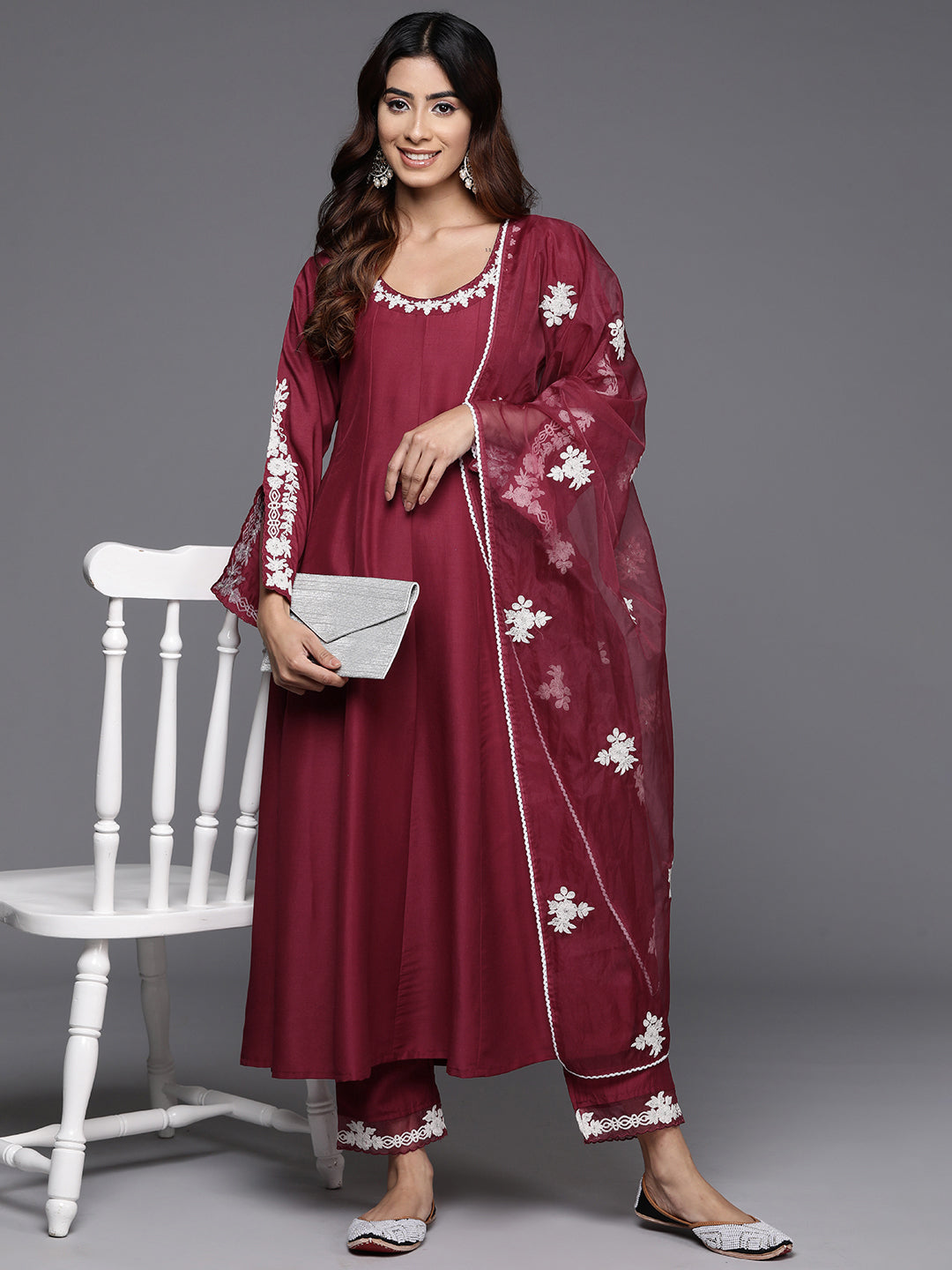 Varanga Women Thread Embroidered Round Neck With Full Sleeve Anarkali Kurta Paied With Tonal Bottom And Dupatta - Distacart