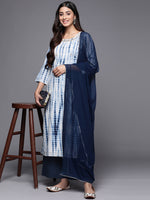 Thumbnail for Varanga Women Straight Kurta With Round Neck Paired With Blue Solid Palazzo And Blue Solid Dupatta - Distacart