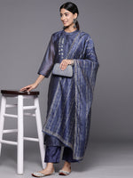 Thumbnail for Varanga Women Navy Blue Bandhani Printed Straight Kurta With Three Quarter Sleeves Paired With Tonal Bottom And Printed Dupatta