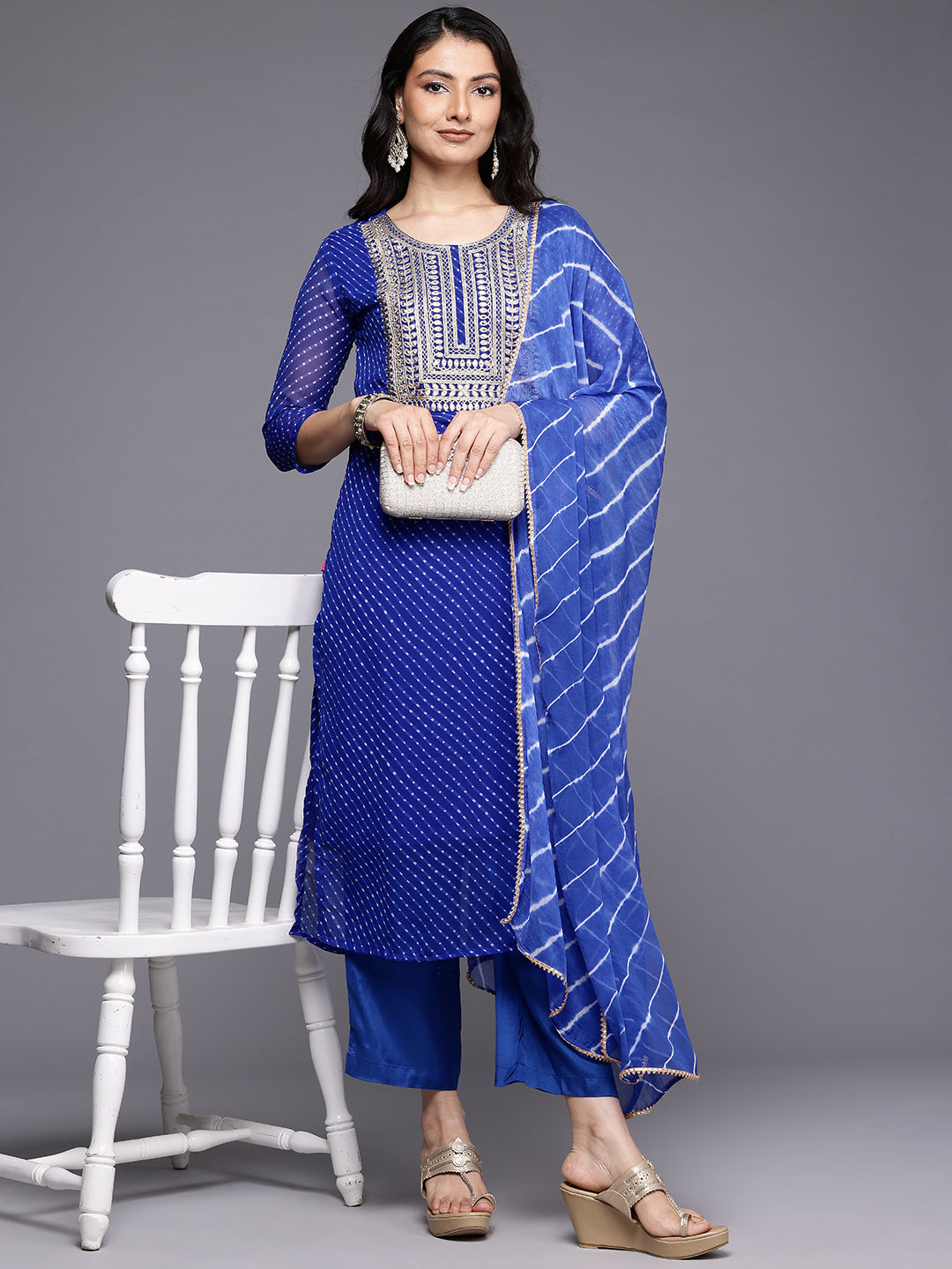Varanga Women Navy Blue Bandhani Zari Emboridered Kurta Set With Dupatta - Distacart