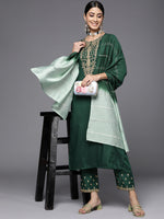 Thumbnail for Varanga Green Embroidered Kurta With Embroidered Trouser And Ombre Dupatta - Distacart