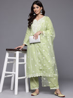 Thumbnail for Varanga Women Sea Green Round Neck Heavy Thread Embroidered Kurta With Bottom & Dupatta - Distacart