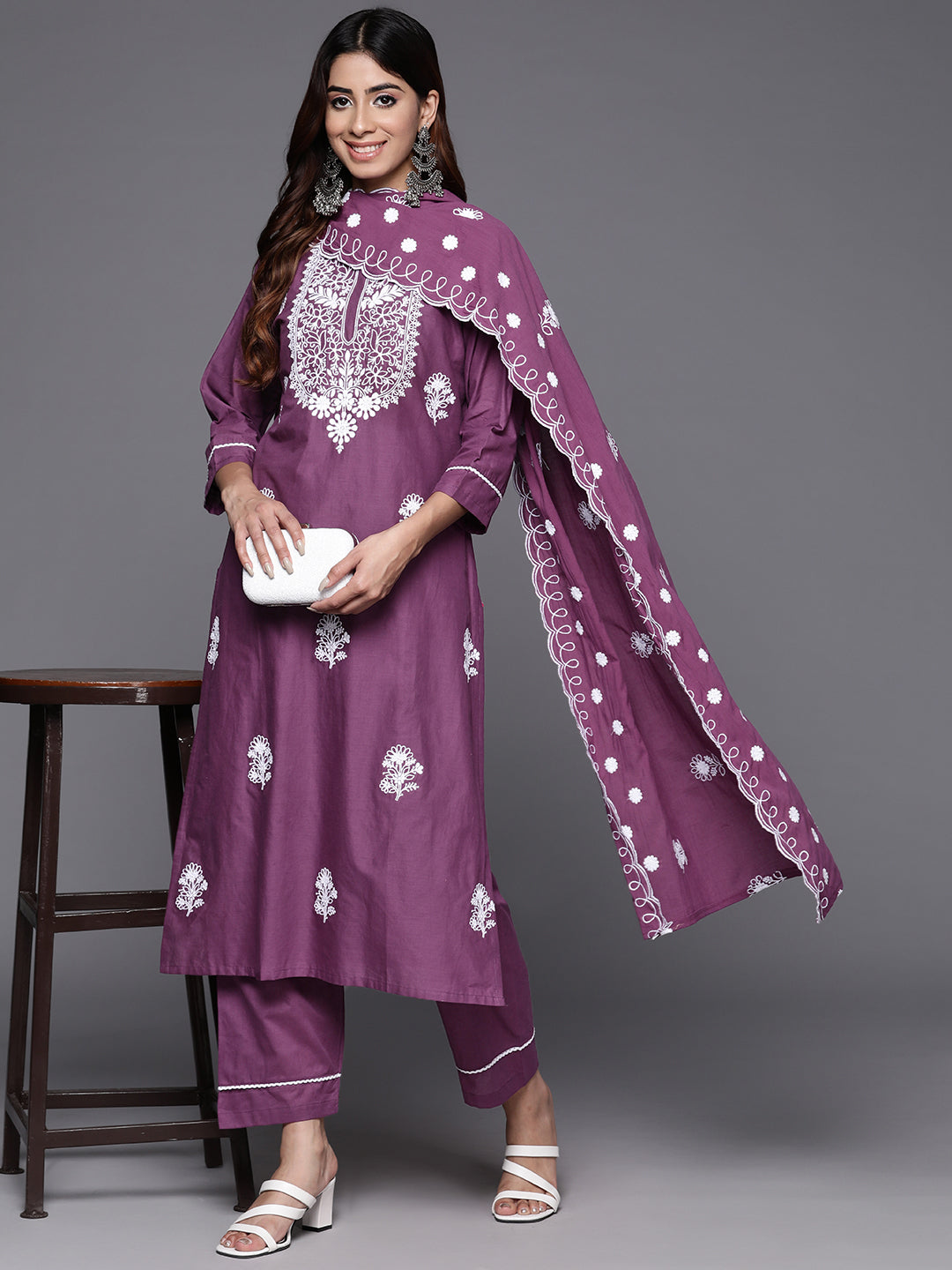 Varanga Women Purple Thread Embroidered Kurta With Tonal Bottom And Dupatta - Distacart