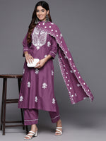 Thumbnail for Varanga Women Purple Thread Embroidered Kurta With Tonal Bottom And Dupatta - Distacart