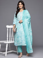 Thumbnail for Varanga Women Blue Printed Round Neck Yoke Embroidered Straight Kurta With Bottom And Dupatta - Distacart