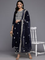 Thumbnail for Varanga Women Navy Blue Round Neck Thread Embroidered Kurta Paired With Bottom And Dupatta - Distacart