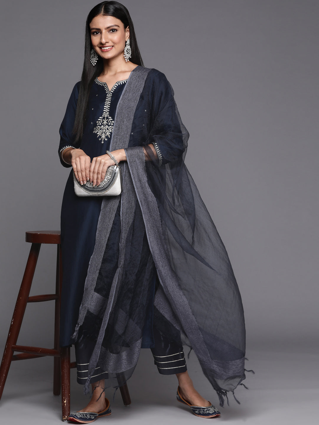 Varanga Blue Embroidered Kurta With Contrast Bottom And Dupatta - Distacart