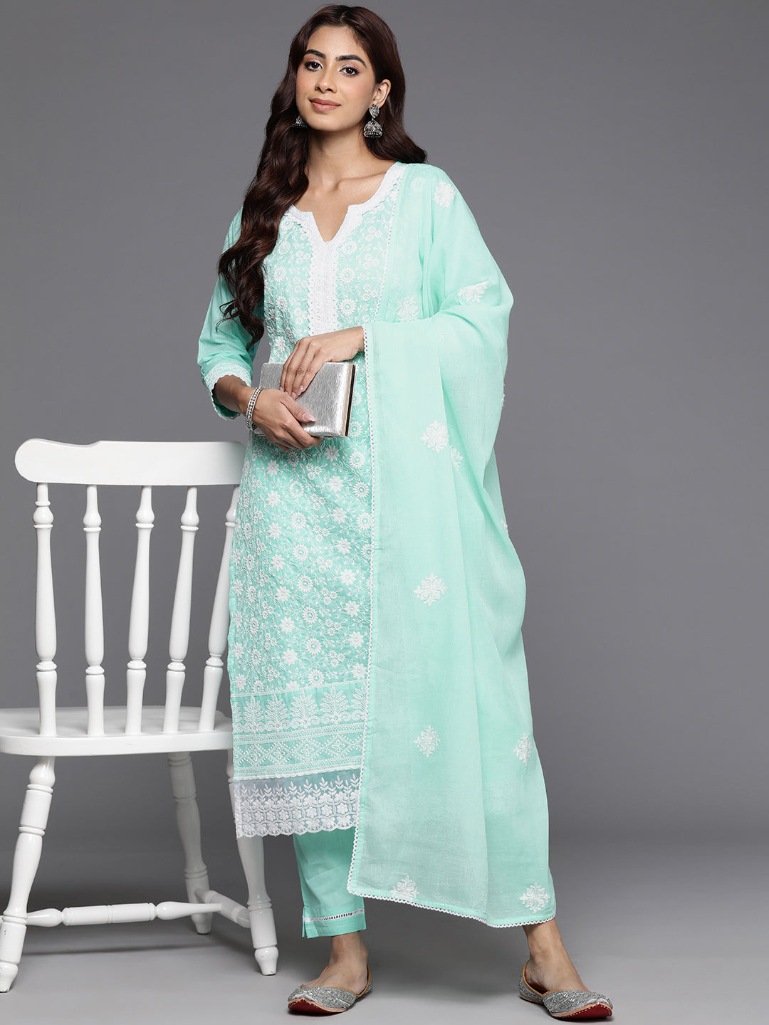 Varanga Women Sea Green Thread Embroidered Straight Kurta With Bottom And Dupatta - Distacart