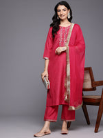 Thumbnail for Varanga Women Fuchsia Thread And Zari Embroidered Sequins Embellished Kurta Set With Dupatta - Distacart