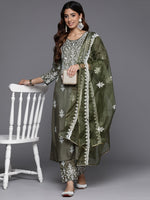 Thumbnail for Varanga Women Olive Embroidered Kurta Paired With Tonal Trouser And Dupatta - Distacart