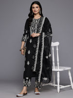 Thumbnail for Varanga Women Black Round Neck Thread Embroidered Kurta Paired With Bottom And Dupatta - Distacart