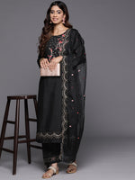 Thumbnail for Varanga Women Black Thread And Sequins Embroidered Kurta With Bottom And Dupatta - Distacart