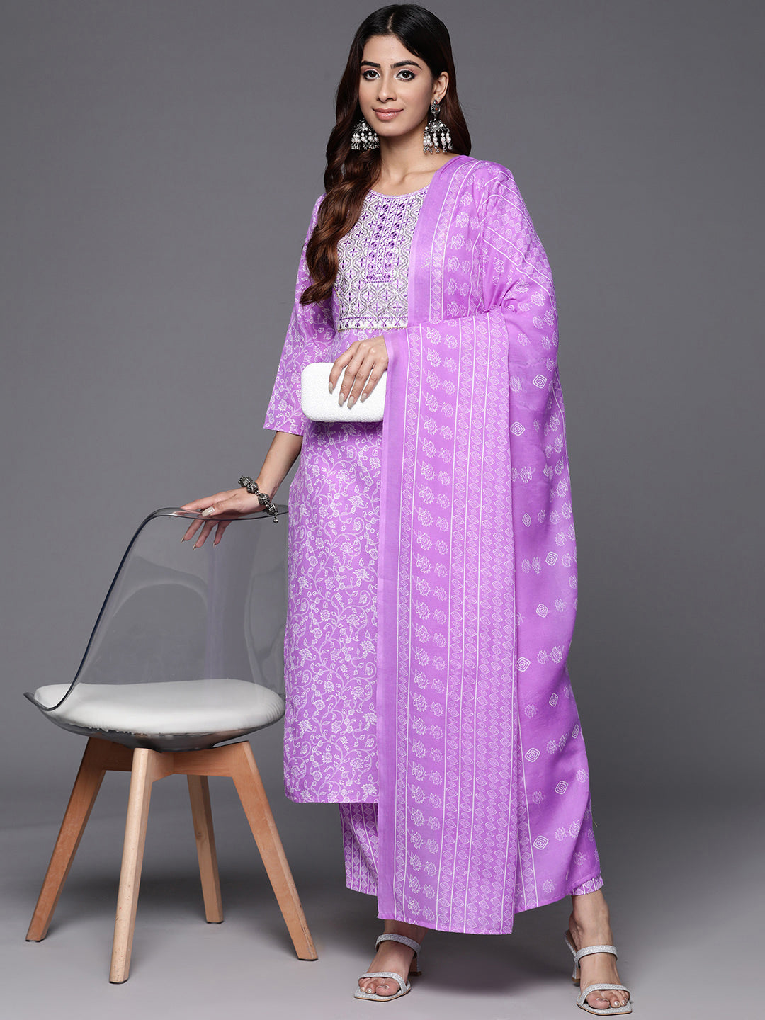 Varanga Women Lavender Floral Printed Embroidered Kurta Paired With Bottom And Dupatta - Distacart