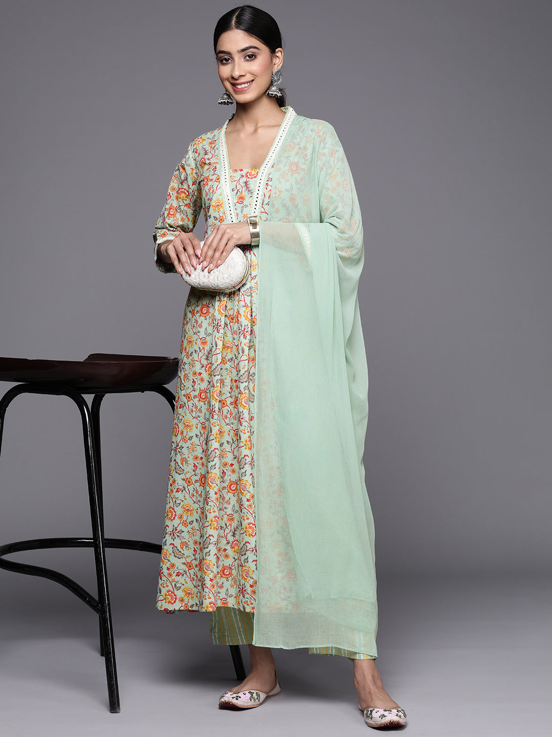Varanga Women Sea Green Floral Printed A-Line Kurta With Three Quarter Sleeves Paired With Printed Bottom And Solid Chiffon Dupatta - Distacart