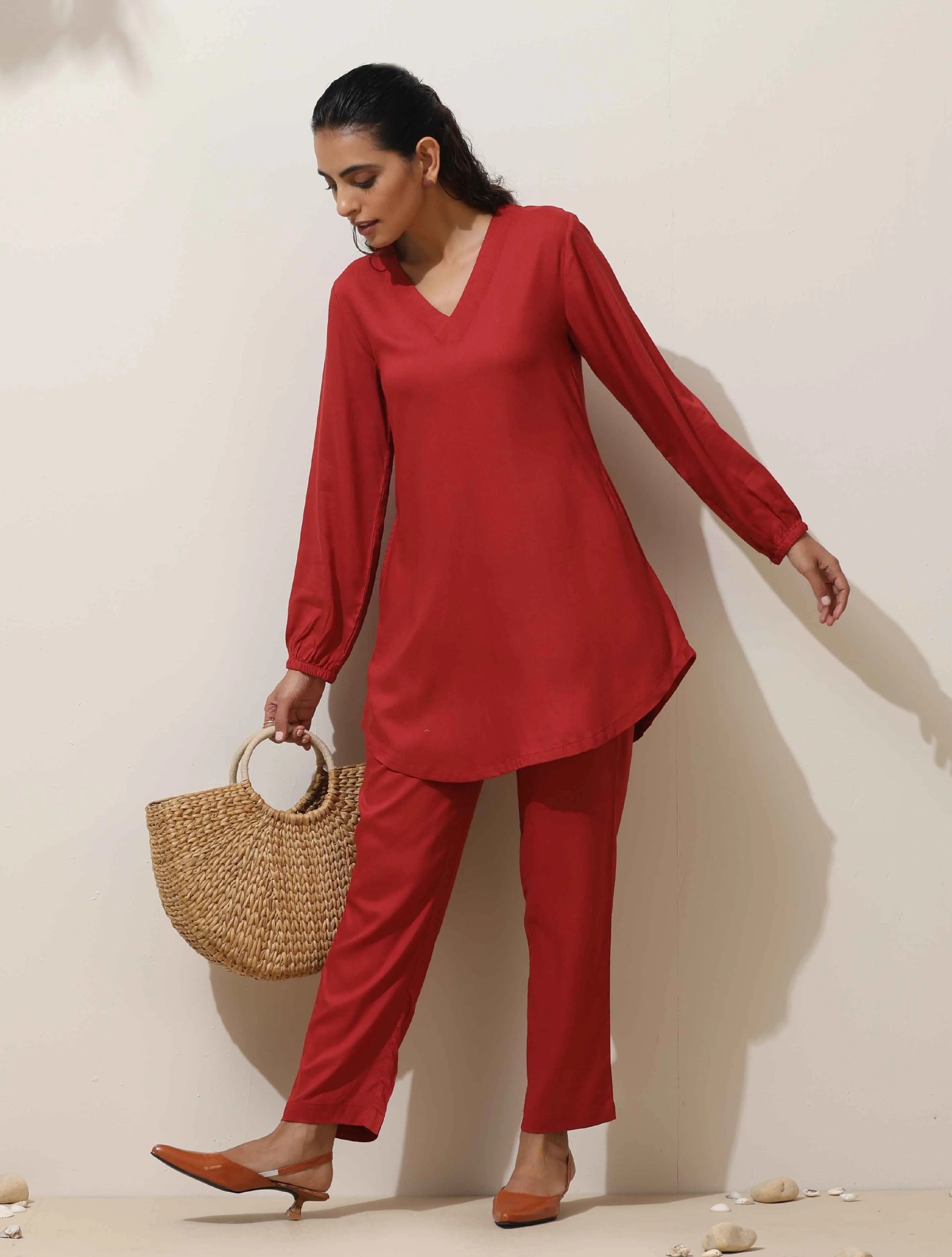 trueBrowns Maroon Viscose Co-ord Set - Distacart