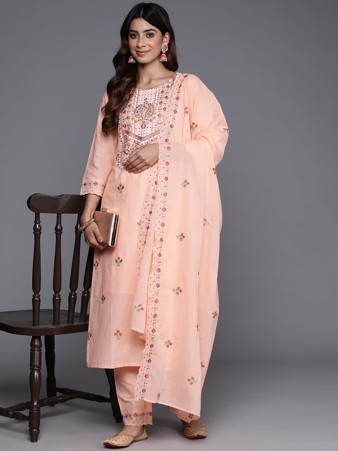 Varanga Women Peach Thread And Sequins Embroidered Kurta With Tonal Bottom And Dupatta