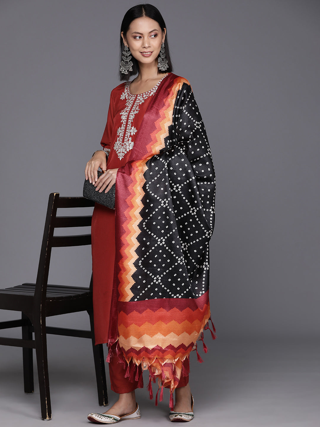 Varanga Women Rust Zari Kurta With Solid Trouser And Dupatta Set - Distacart