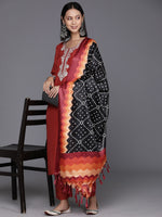 Thumbnail for Varanga Women Rust Zari Kurta With Solid Trouser And Dupatta Set - Distacart