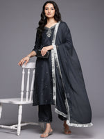 Thumbnail for Varanga Women Grey Silk Thread And Zari Embroidered , Sequins Embellished Kurta Paired With Bottom And Dupatta