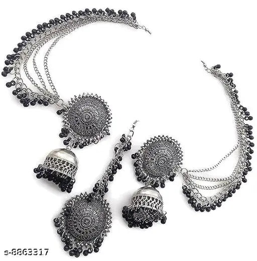 Tehzeeb Creations Women's Silver And Black Colour Oxidised Earrings With Tikka - Distacart