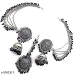 Thumbnail for Tehzeeb Creations Women's Silver And Black Colour Oxidised Earrings With Tikka - Distacart