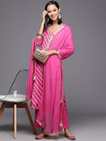 Thumbnail for Varanga Women Pink Pure Fabric, Lehariya Embroidered Straight Kurta Paired With Tonal Bottom And Dupatta - Distacart