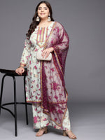 Thumbnail for Ahalyaa Plus Size Floral Printed Zari Kurta with Palazzos & With Dupatta - Distacart