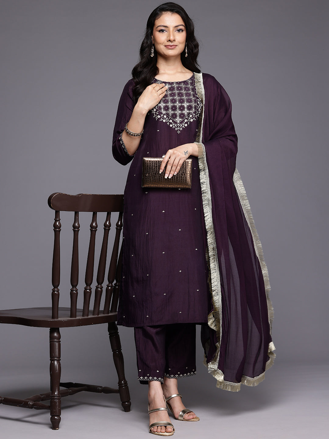 Varanga Women Purple Thread Embroidered Sequins Embellished Straight Kurta Paired With Bottom And Dupatta - Distacart