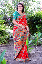 Thumbnail for Lorenvalley Fashion Premium Red Dola Silk Embroidery and Diamond work with Jacquard Lace Border Saree - Distacart