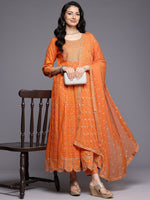 Thumbnail for Varanga Women Orange Mirror And Thread Embroidered,Zari Embellished Scalloped Schiffli Anarkali Kurta Paired Wirh Printed Bottom And Embroidered Dupatta - Distacart