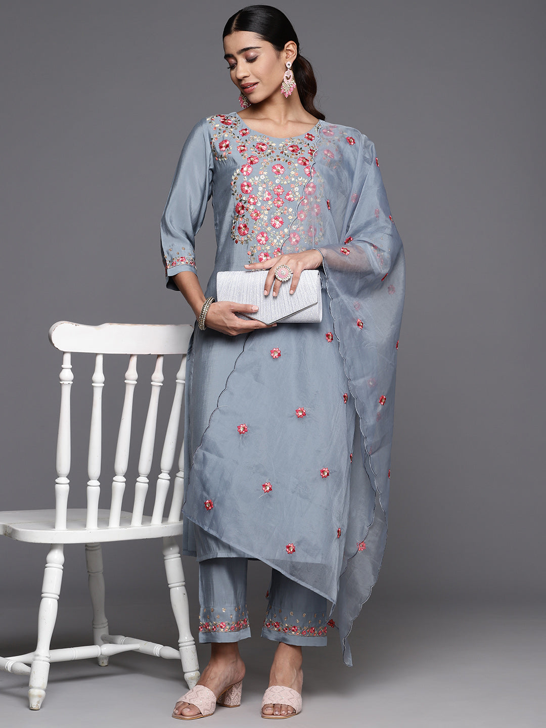 Varanga Women Blue Embroidered Kurta Paired With Tonal Bottom And Organza Embroidered Dupatta - Distacart