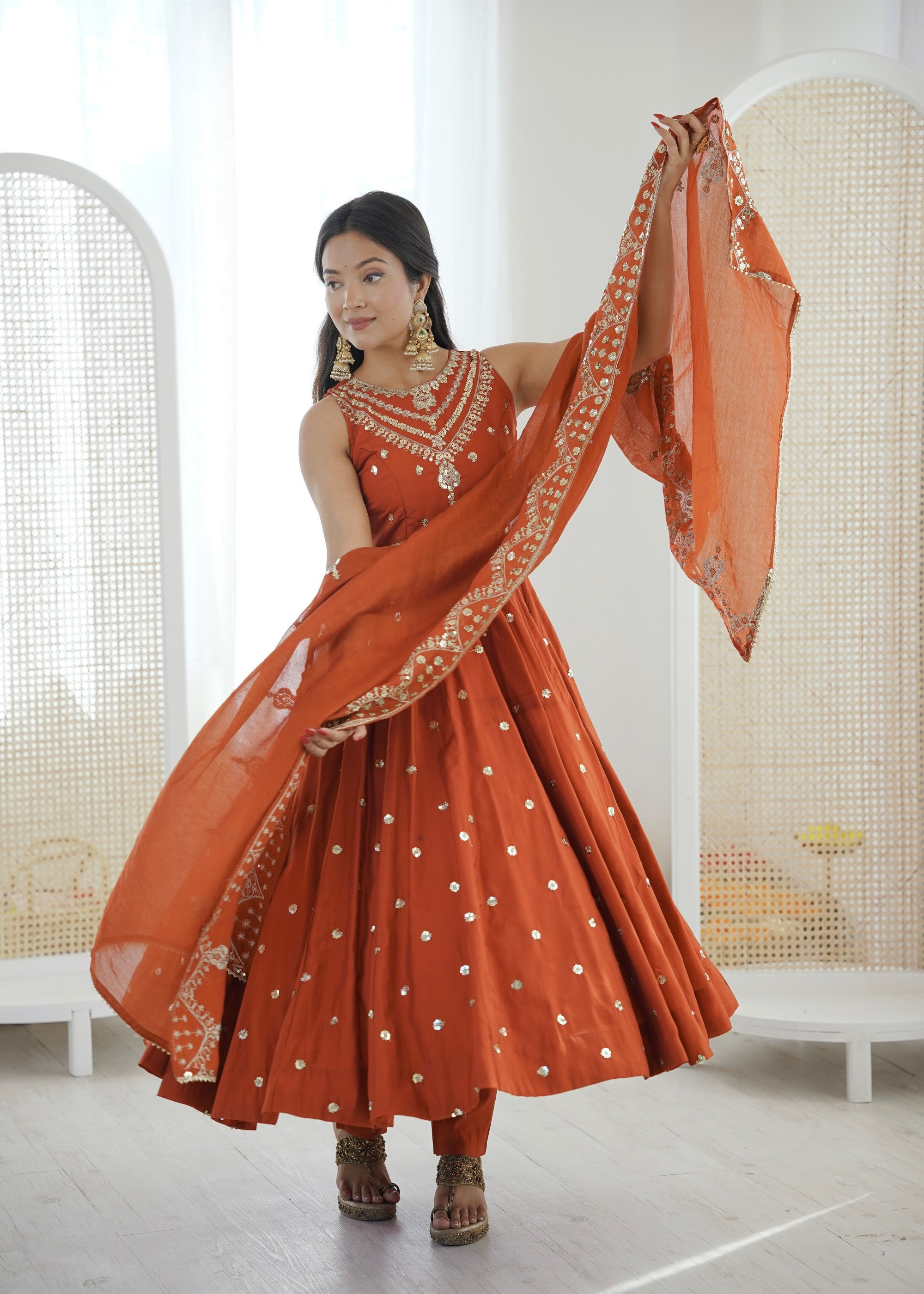 Anaita Rust Silk Readymade Anarkali Suit with Embroidery & Sequence Work - Dista