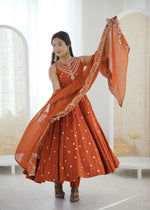 Thumbnail for Anaita Rust Silk Readymade Anarkali Suit with Embroidery & Sequence Work - Dista