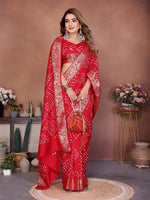 Thumbnail for Anaita Red Handmade Bandhej Viscose Silk Saree With Blouse - Distacart
