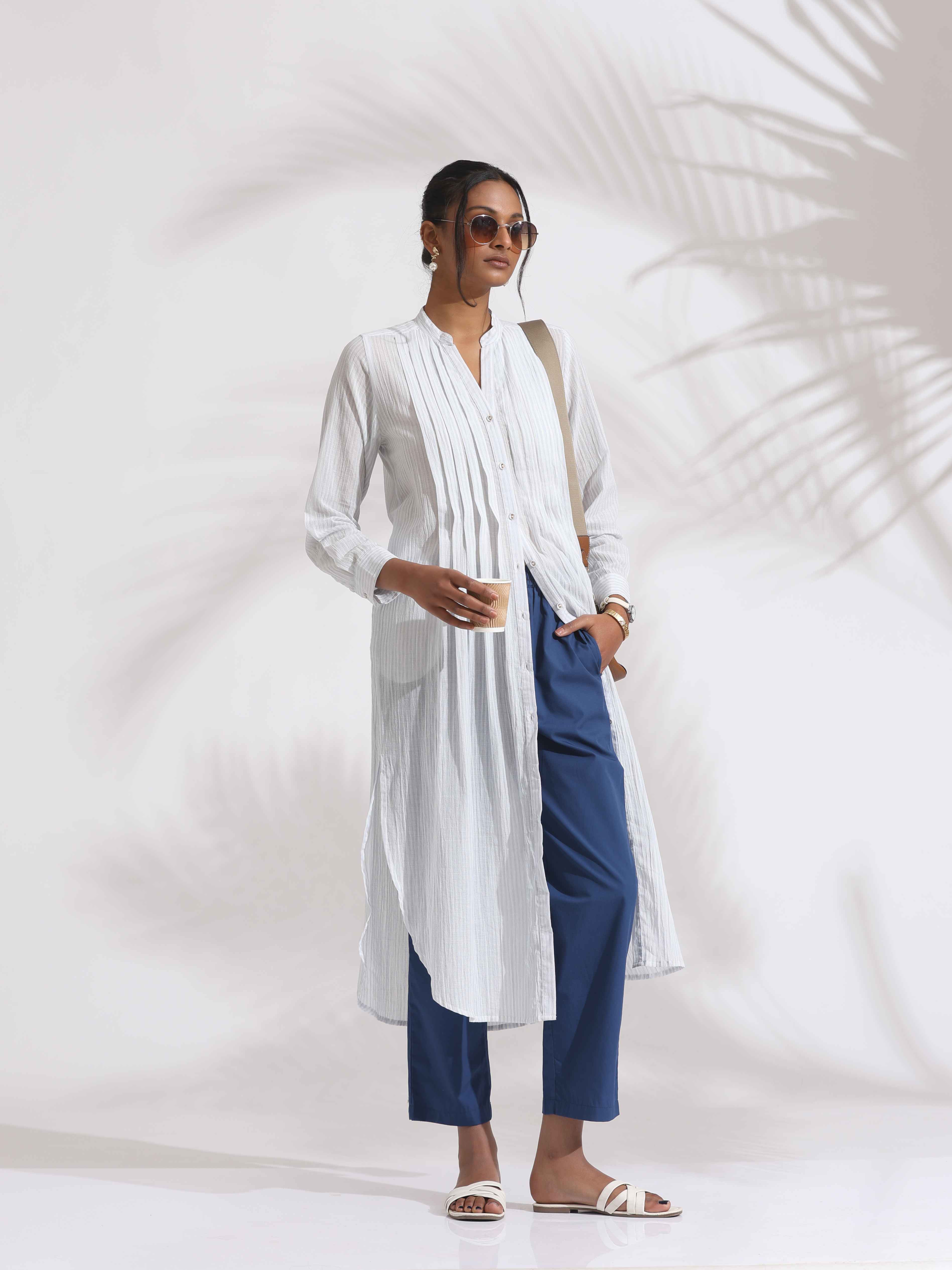 trueBrowns White Cotton Stripe Pleated Shirt Kurta Set