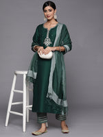 Thumbnail for Varanga Green Embroidered Kurta With Contrast Bottom And Dupatta - Distacart